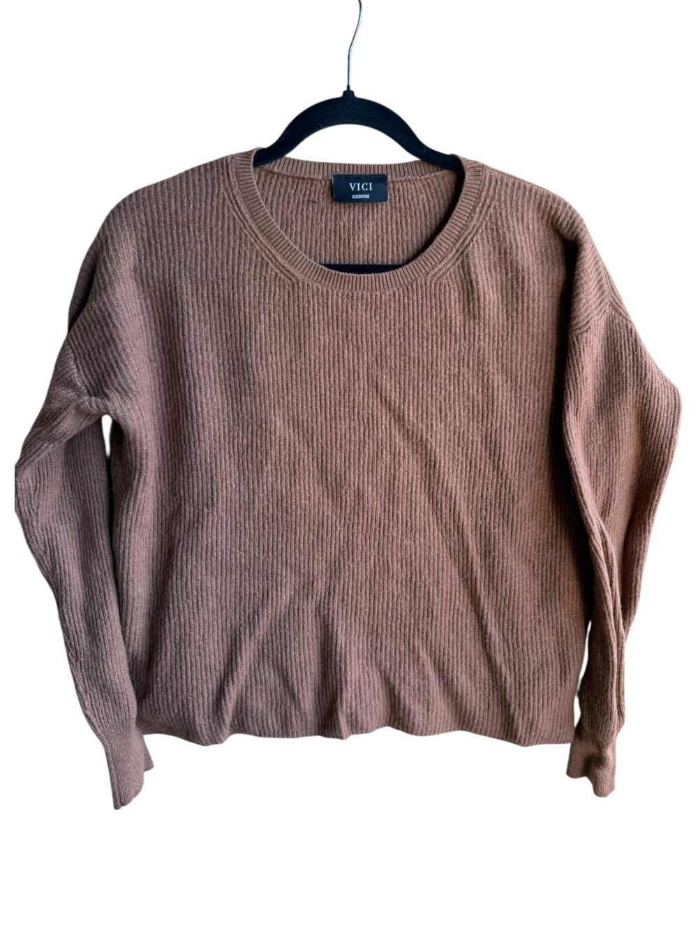Vici Women’s Y2K Ribbed Knit Crewneck Pullover Sweater Mauve Brown Size Medium